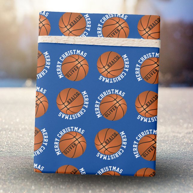 Papel De Presente Bolas de Basquete Crianças Nome Azul Feliz Natal  (Criador carregado)