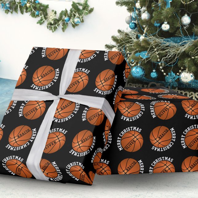 Papel De Presente Bolas de Basquete Crianças Nome Preto Natal (Criador carregado)