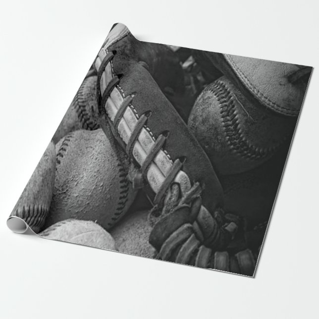 Papel De Presente Bolas de beisebol e luva preta e branca (Desenrolado)