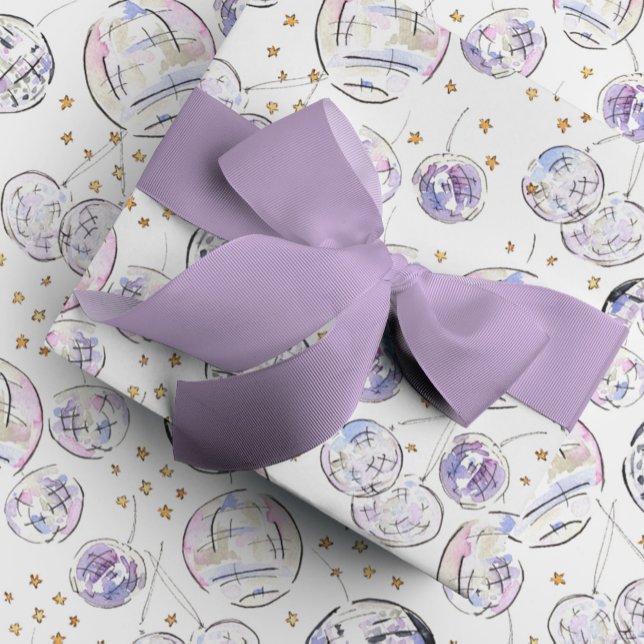 Papel De Presente Bolas de Disco Estudadas em Estrelas Aquarela (Fabulous watercolor disco balls dancing around tiny golden stars gift wrapping paper.)