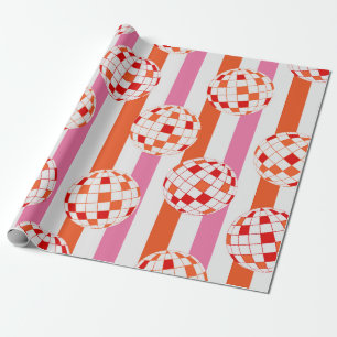 Papel De Presente Bolas de Discoteca Groovy 70s em Listras Rosa e La