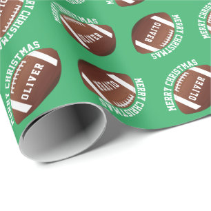 Papel De Presente Bolas de Futebol Americano Nome Verde Natal