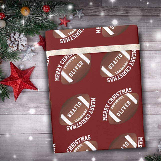 Papel De Presente Bolas de Futebol Americano Nome Vermelho Natal  (Criador carregado)