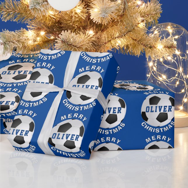Papel De Presente Bolas de Futebol Azul - Natal (Feriados)
