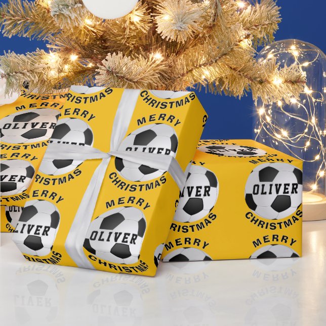 Papel De Presente Bolas de Futebol de Futebol Amarelo Nome das Crian (Feriados)