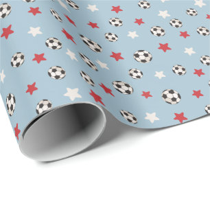Papel De Presente Bolas de Futebol de Natal Vermelhas Azuis Estrelas
