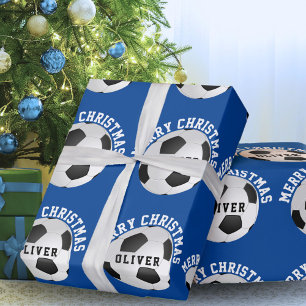 Papel De Presente Bolas de Futebol para Crianças Nome Azul Natal 