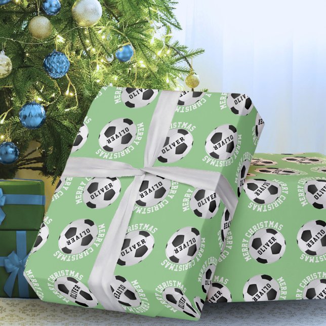 Papel De Presente Bolas de Futebol para Crianças Nome Verde Natal  (Criador carregado)