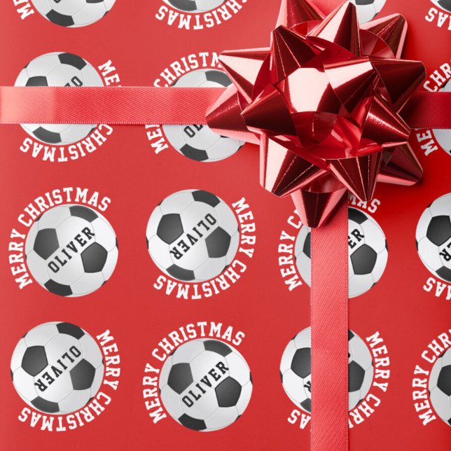Papel De Presente Bolas de Futebol para Crianças Nome Vermelho Natal (Criador carregado)