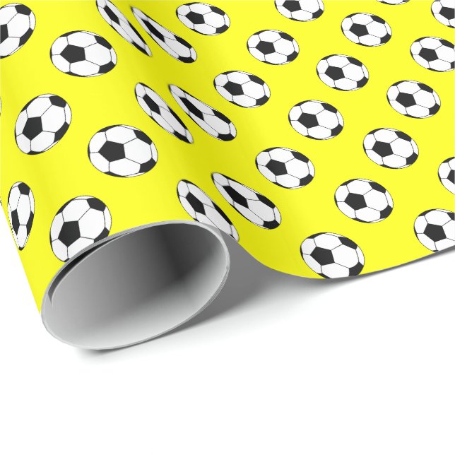 Papel De Presente Bolas de Futebol Preto/Branco em Amarelo (Ponta do rolo)