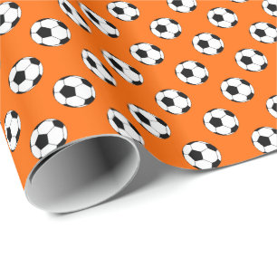 Papel De Presente Bolas de Futebol Preto/Branco em Laranja