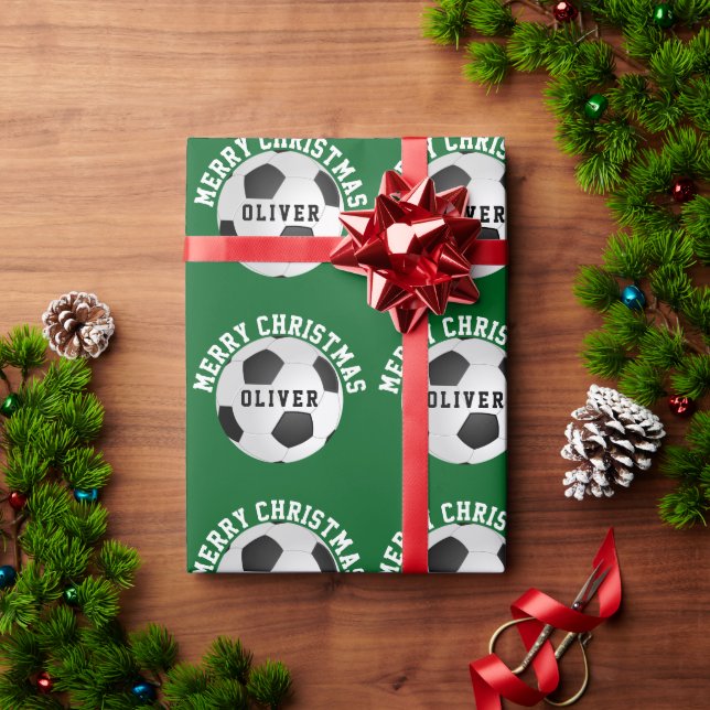Papel De Presente Bolas de Futebol Verde para Crianças Natal  (Presente de Natal)