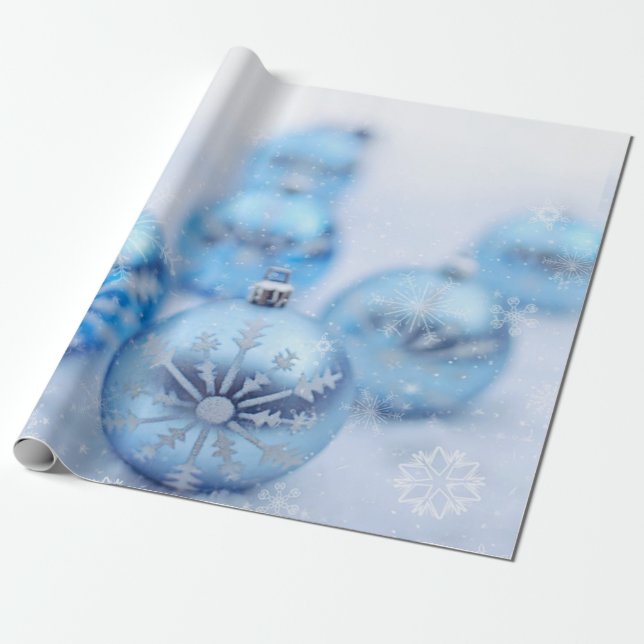 Papel De Presente Bolas de Natal Azuis Flocos de Neve Feriado (Desenrolado)