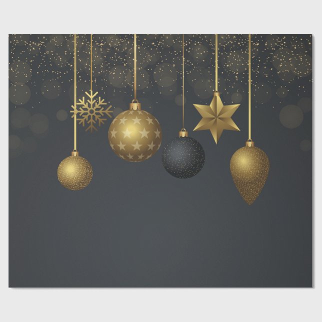 Papel De Presente Bolas de Natal Elegantes Douradas Férias Escuras (Aberto)