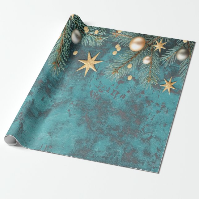 Papel De Presente Bolas de Natal Estrelas Ramos Antigos  (Desenrolado)