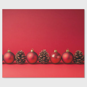 Papel De Presente Bolas de Natal Vermelhas e Pinhas