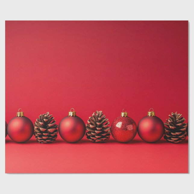 Papel De Presente Bolas de Natal Vermelhas e Pinhas (Aberto)
