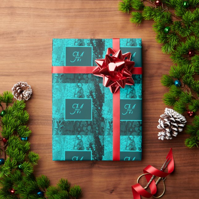 Papel De Presente Bold Aqua Teal Marble Monograma (Presente de Natal)