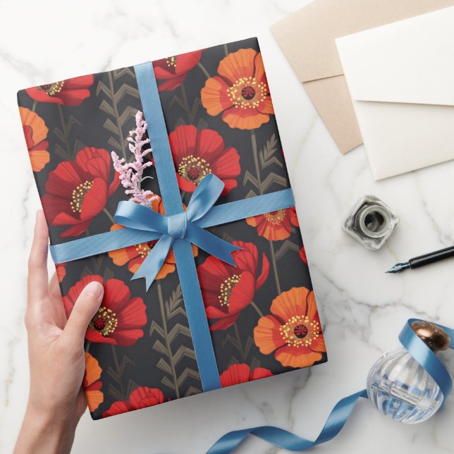 Papel De Presente Bold Red and Orange Poppy (Presentear)