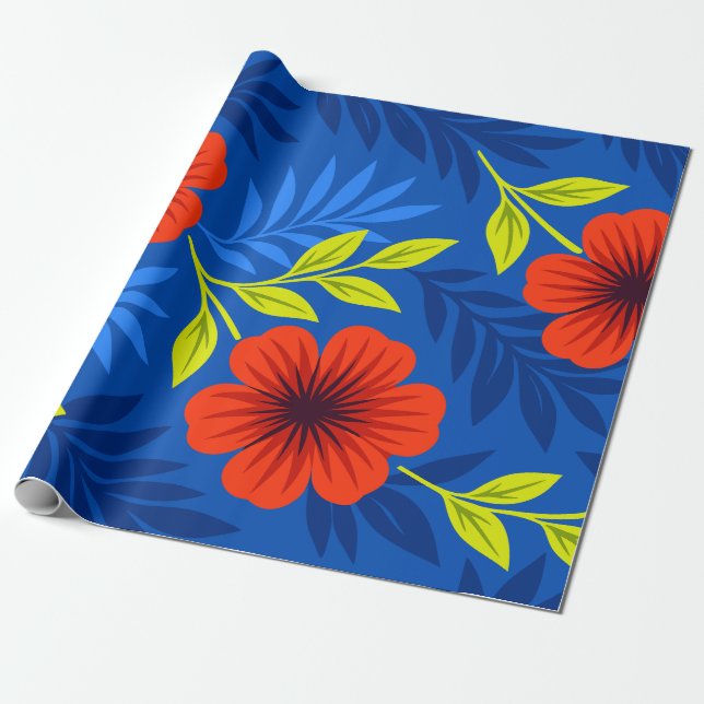 Papel De Presente Bold Vermilion Red Florals with Elegant Leaves (Desenrolado)