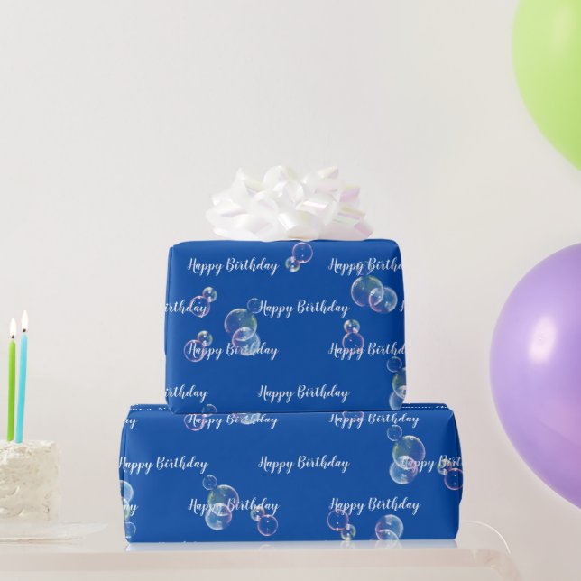 Papel De Presente Bolhas De Sabão De Aniversário Em Azul (Presentes para festas)