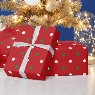 Papel De Presente Bolinhas brancas verdes e vermelhas do Natal