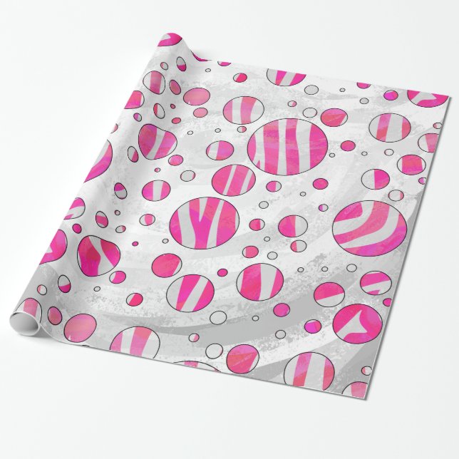 Papel De Presente Bolinhas de zebra branca e rosa quente (Desenrolado)