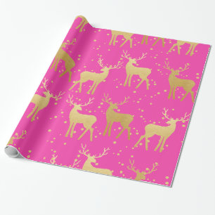Papel De Presente Bolinhas Rosa Elegante com Reindeer Dourada