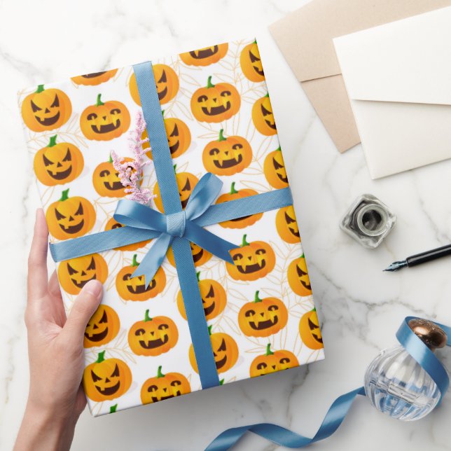 Papel De Presente Bolinho de Halloween Jack O Lantern White Orange (Presentear)