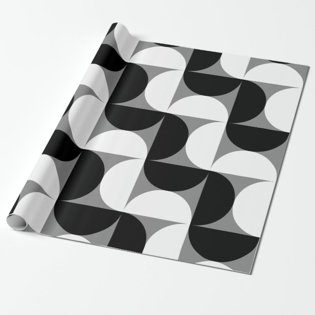 Papel De Presente Bolinhos de Padrão do Século Médio Branco Negro (Desenrolado)
