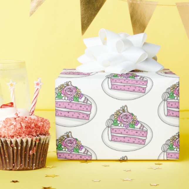 Papel De Presente Bolo com Flores e Borboletas (Festa de aniversário)