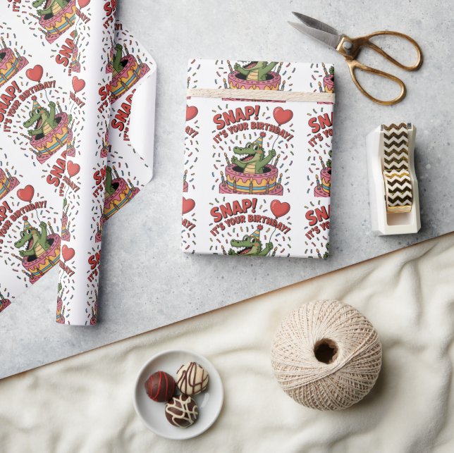 Papel De Presente Bolo de Aniversário com Design de Jacaré Fofo para (Artesanato)