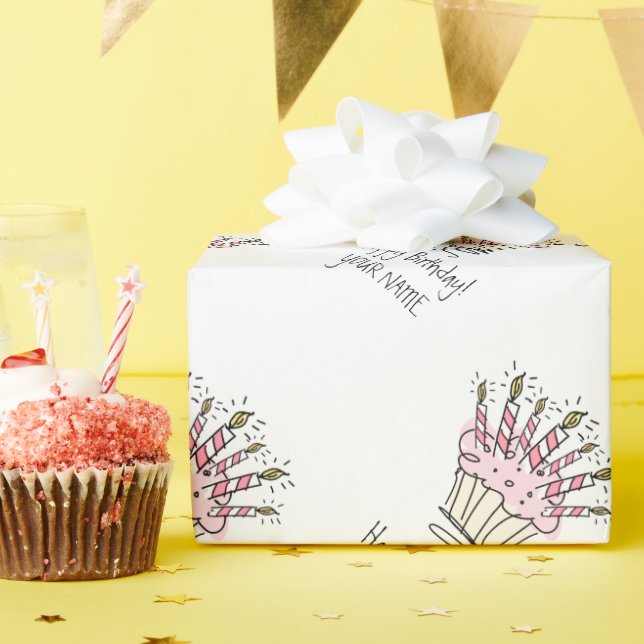 Papel De Presente Bolo de aniversário cor-de-rosa personalizado com  (Festa de aniversário)