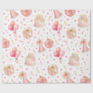 Papel De Presente Bolo de Aniversário Rosa Balões Presentes Embrulho