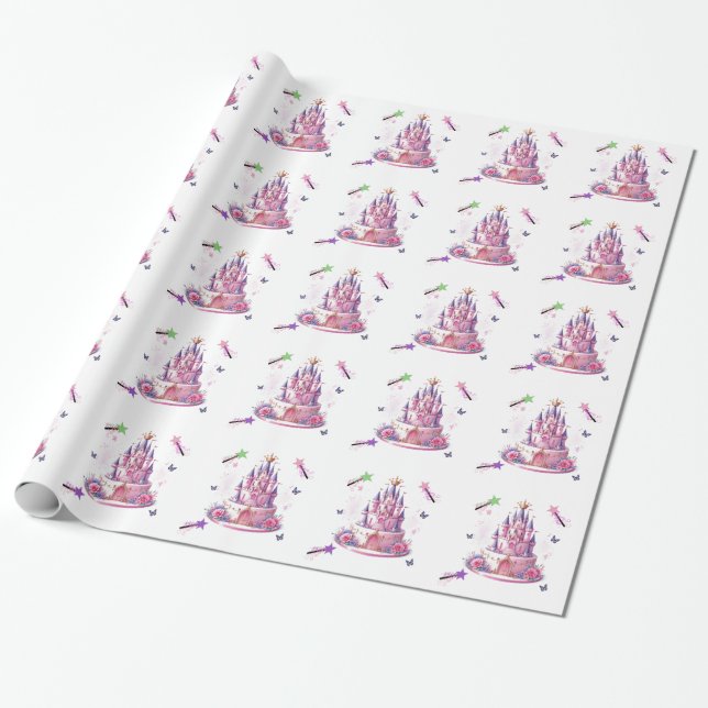 Papel De Presente Bolo de Castelo de Princesa e Varinhas Mágicas (Desenrolado)