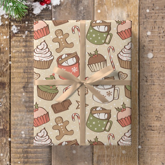 Papel De Presente Bolo de Chocolate Quente de Natal Tradicional Vint (Criador carregado)