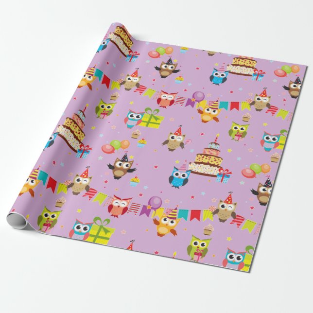 Papel De Presente bolo de festa de aniversário de coruja (Desenrolado)