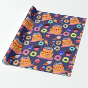 Papel De Presente Bolo de Fundo Azul Chupeta Sorvete Cupcakes