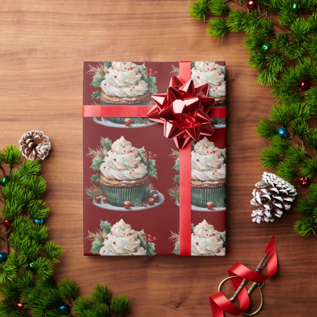 Papel De Presente Bolo de Natal com Creme Branco Folhas de Azevinho  (Presente de Natal)