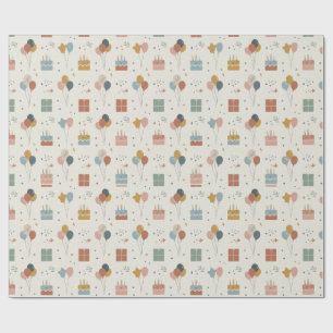 Papel De Presente Bolos, Balões e Confetes de Aniversário Scandi