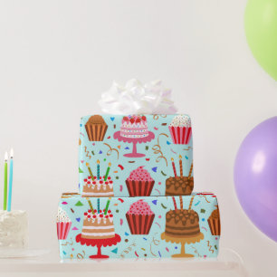 Papel De Presente Bolos e Cupcakes de Aniversário com padrão em azul
