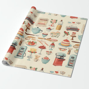 Papel De Presente Bolos e Ferramentas da Cozinha Retro