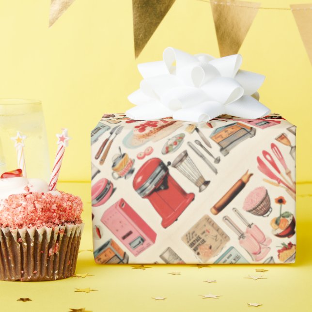 Papel De Presente Bolos e ferramentas de cozinha retrô (Festa de aniversário)
