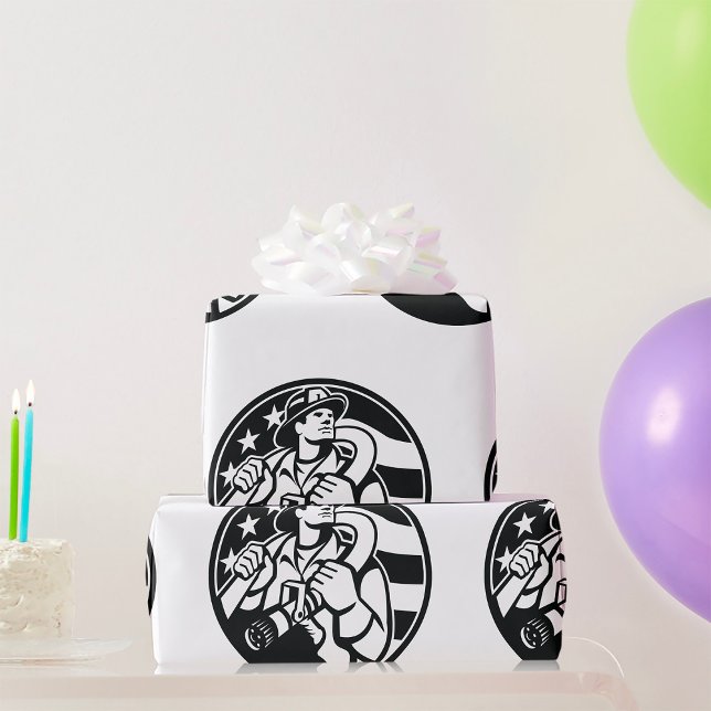 Papel De Presente Bombeiro Americano Herói Negrito e Branco (Criador carregado)