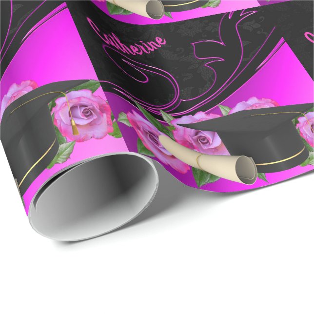 Papel De Presente Boné de formatura Diploma Preto Rosa (Ponta do rolo)