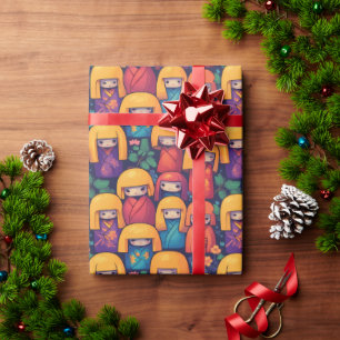 Papel De Presente Bonecas Kokeshi Japonesas Coloridas Padrão