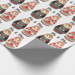 Papel De Presente Bonecas Russas Matryoshka Sr & Sra rosa azul marin