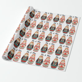Papel De Presente Bonecas Russas Matryoshka Sr & Sra rosa azul marin
