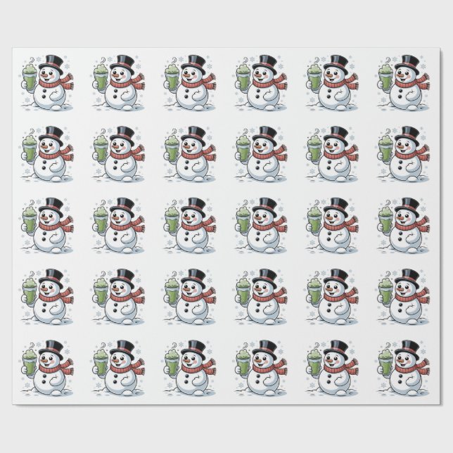 Papel De Presente Boneco de Neve Bebendo Bebida de Matcha Natal  (Aberto)