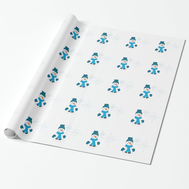 Papel De Presente Boneco de Neve com Chapéu Azul e Cachecol (Desenrolado)